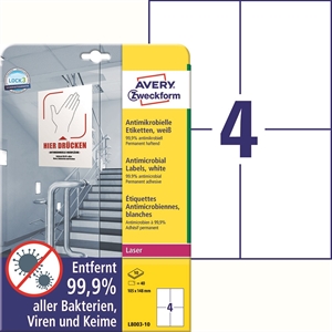 Avery Étiquettes antimicrobiennes 105 x 148 mm, couleur blanche, pack de 40.